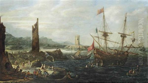 A Coastal Scene With A Warship Flying The Papal Warflag And A Dutch Sloop Before A Harbour Entrance Oil Painting by Andries Van Eertvelt