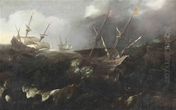 Men-of-war In A Storm Oil Painting by Andries Van Eertvelt