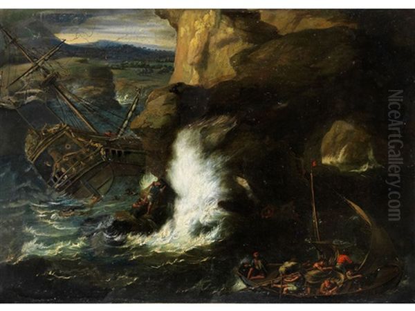 Schiffbruch Eines Grossen Seglers An Klippen Mit Hochjagender Gischt Oil Painting by Andries Van Eertvelt