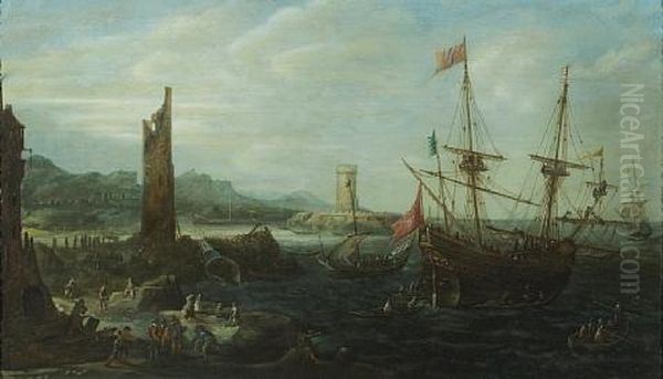 A Coastal Capriccio Scene With Numerous Figures In The Foreground Oil Painting by Andries Van Eertvelt