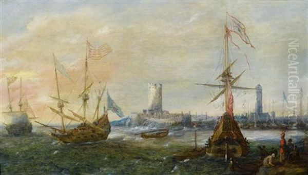 Marine Vor Einem Fremden Hafen Oil Painting by Andries Van Eertvelt