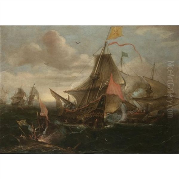 A Naval Engagement Between Spanish Men-o-war And Turkish Galleys In Heavy Seas Oil Painting by Andries Van Eertvelt