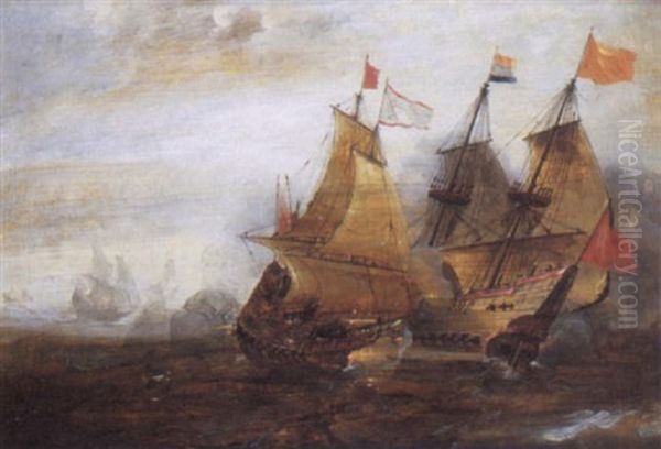 A Naval Engagement Between Spanish And Dutch Ships Oil Painting by Andries Van Eertvelt