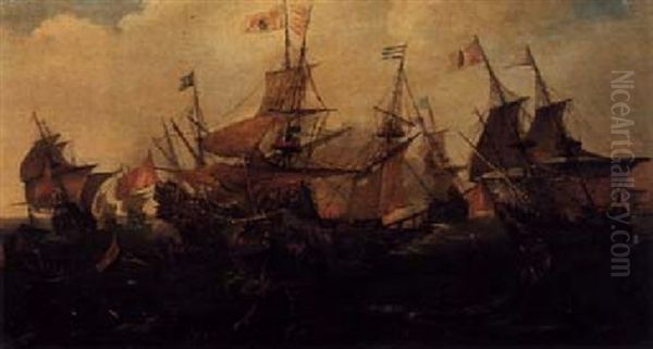 A Sea Battle Between Dutch And Spanish Men O' War Oil Painting by Andries Van Eertvelt