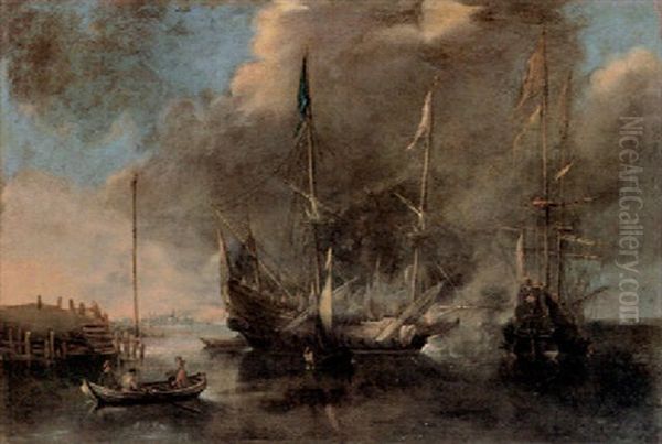 Three-masters Anchored In Calm Seas Oil Painting by Andries Van Eertvelt