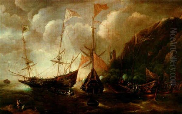 Bataille Navale Entre Galeres Et Vaisseaux De Guerre Oil Painting by Andries Van Eertvelt