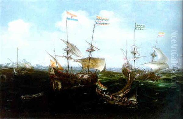 A Smalschip Approaching Staatesyachts Under Full Sail In Choppy Seas Near A Coastal Fort Oil Painting by Andries Van Eertvelt