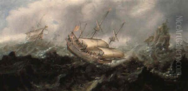 Kriegsschiffe Auf Aufgewuhlter See In Kustennahe Oil Painting by Andries Van Eertvelt