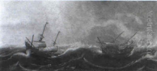 Merchantmen In Distress Offshore In A Gale Oil Painting by Andries Van Eertvelt