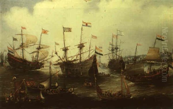 Return To Amsterdam Of The Fleet Of The Dutch East India Company, 1599 Oil Painting by Andries Van Eertvelt