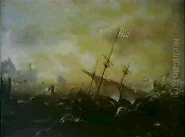 Ships Under Full Sail In A Strong Breeze Off A Rocky Shore Oil Painting by Andries Van Eertvelt