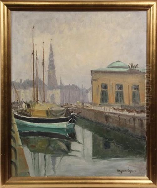 Danish Harbor Oil Painting by Mogens Ege