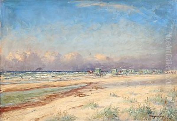 Beach Scene With Bathing Huts, Presumably From Romo Oil Painting by Mogens Ege