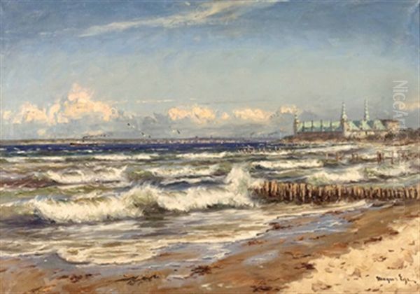 Oresund-einfahrt Mit Schloss Kronborg Und Die Schwedische Kuste Bei Helsingborg Oil Painting by Mogens Ege