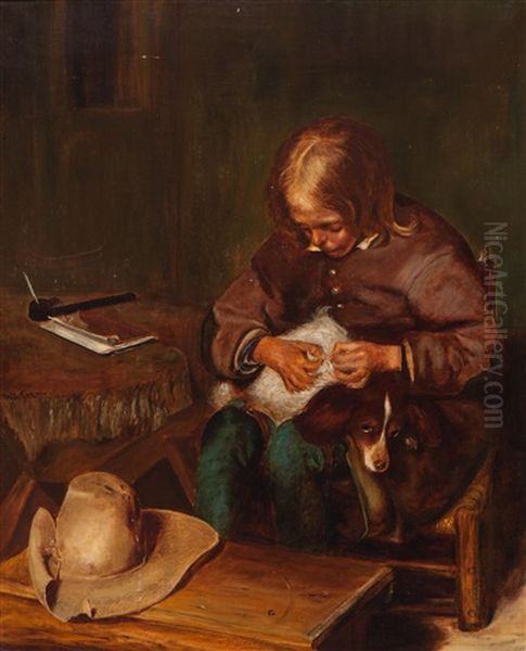 Boy Defleaing A Dog Oil Painting by Johannes Hinderikus Egenberger