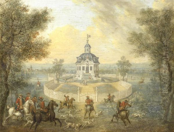 A Stag Hunt Before The Jagdschloss At Kranichstein; And A Stag Hunt By The Jagdpavillon Dianaburg (2) Oil Painting by Georg Adam Eger