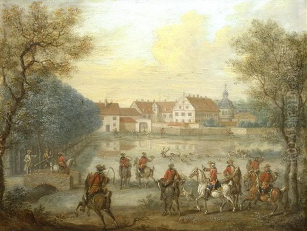 A Stag Hunt Before The Jagdschloss At Kranichstein; And A Stag Hunt By The Jagdpavillon Dianaburg (2) Oil Painting by Georg Adam Eger