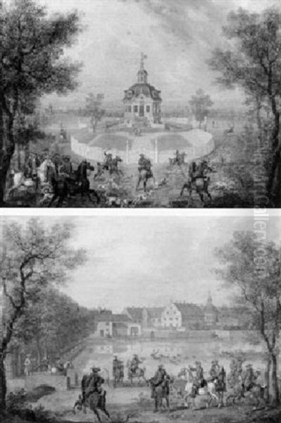 View Of Jagdschloss Kranichstein With A Stag Hunt   View Of Jagdpavillon Dianaburg, With A Stag Hunt Oil Painting by Georg Adam Eger