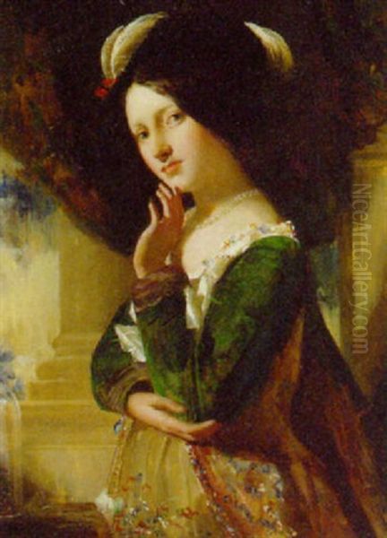 Portrait Of Rose Bradwardine, Standing Three-quarter-length, In A Green Sleeved Dress And Plumed Hat, In An Interior Oil Painting by Augustus Leopold Egg