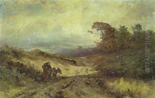 Monch Mit Einem Maultier Auf Dem Feldweg In Hugeliger Landschaft Oil Painting by Gustav Eggena