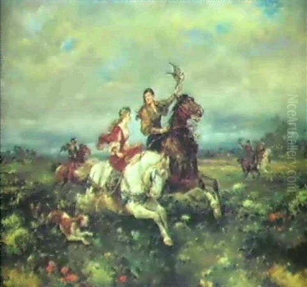 Edeldamen Bei Der Falkenjagd Oil Painting by Gustav Eggena