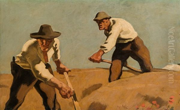 Drei Schnitter Oil Painting by Albin Egger-Lienz