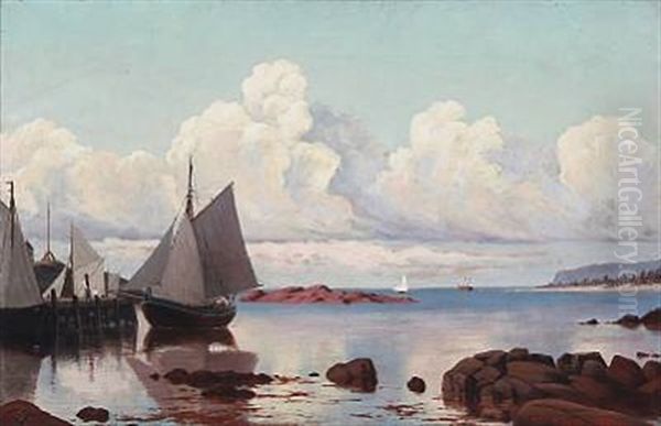 Coast With Sailing Ships Near A Harbour Oil Painting by Peter Eggers