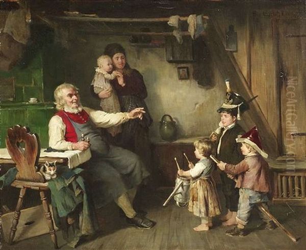 Grosvaters Rekruten. Drei Enkelkinder Haben Sich Als Soldaten Verkleidet Oil Painting by Sigmund Eggert