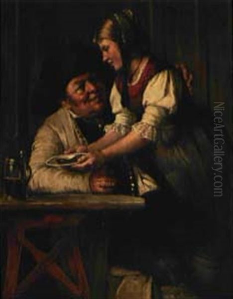 Ein Alter Schwerenoter Flirtet Mit Einer Jungen Kellnerin, Die Ihm Das Essen Bringt Oil Painting by Sigmund Eggert