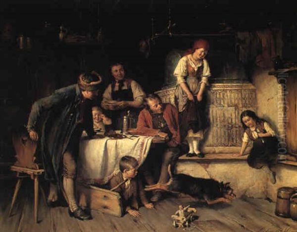 Interior Med Familie Ved Middagsbordet, Hunden Er Pa Musejagt Oil Painting by Sigmund Eggert