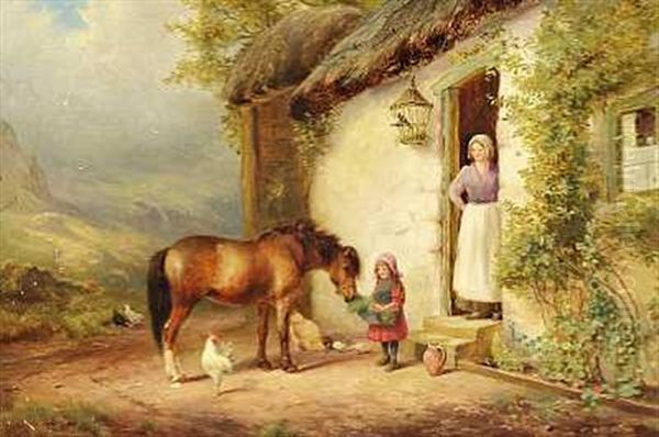 En Lille Pige Fodrer En Hest Foran En Bondegard I Et Bjerglandskab Oil Painting by Wycliffe Egginton