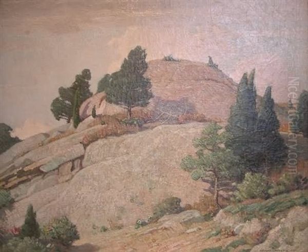 Landscape Featuring A Rocky Outcropping With Pine Trees Oil Painting by Benjamin Osro Eggleston