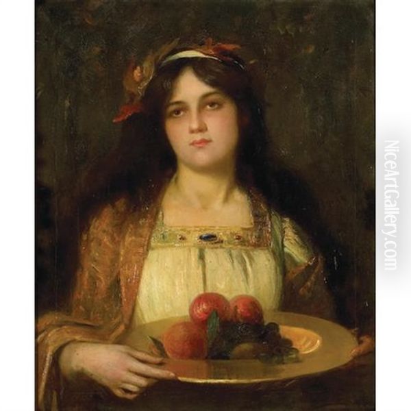 A Young Beauty Holding A Bowl Of Fruit Oil Painting by Benjamin Osro Eggleston