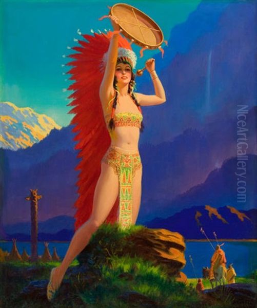 Indian Maiden With Tom Tom, Calendar Illustration Oil Painting by Edward Mason Eggleston