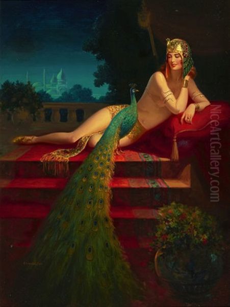 Lady And Peacock Oil Painting by Edward Mason Eggleston