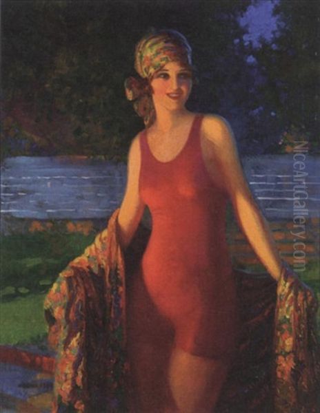 Beautiful Smiling Woman Wearing Red Swimsuit Oil Painting by Edward Mason Eggleston