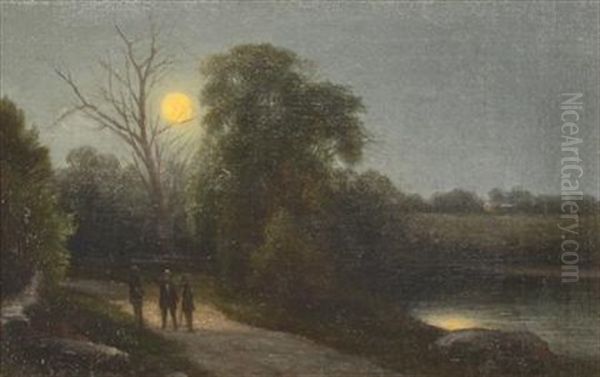 Figures On A Moonlit Path Oil Painting by Max Eglau