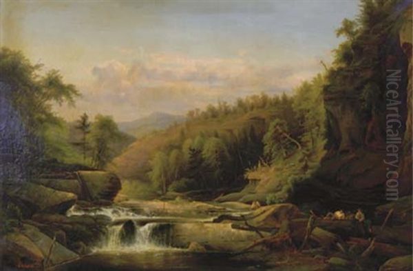 A River In A Hilly Landscape Oil Painting by Max Eglau