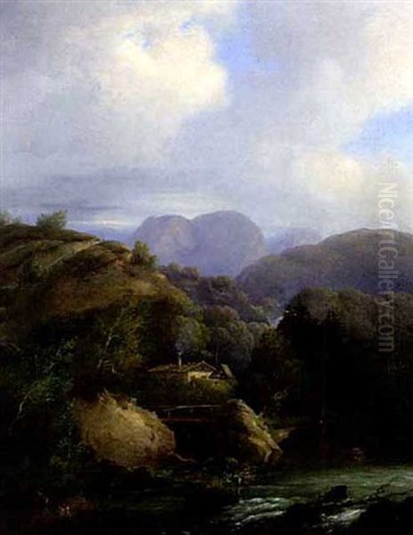 Bauerngehoft In Gebirge, Im Vordergrund Reisender Wildbach Oil Painting by Max Eglau