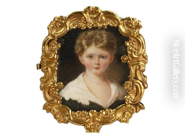 A Portrait Miniature Of A Young Boy, Wearing Black Jacket And White Chemise With Frilled Edge To His Collar, His Short Blond Hair Parted To One Side Oil Painting by William Egley