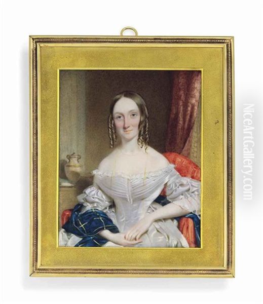 A Young Lady, In White Silk Dress With Lace Sleeves And Tartan Shawl, Thin Gold Necklace, Her Centre-parted Hair In Ringlets; Red Curtain Oil Painting by William Egley