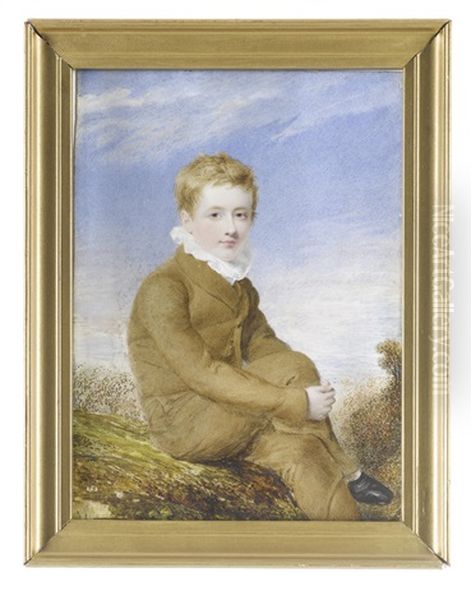 A Boy, Called William Bailey, Seated On A Grassy Mound, His Hands Clasped Around His Right Knee, Wearing Tan Trousers And Matching Jacket, White Chemise With Frilled Collar And Black Shoes Oil Painting by William Egley