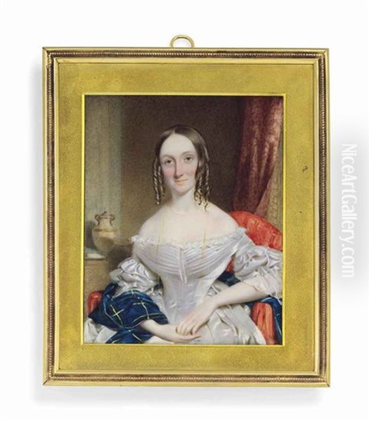 A Young Lady, In White Silk Dress With Lace Sleeves And Tartan Shawl, Thin Gold Necklace, Her Centre-parted Hair In Ringlets; Red Curtain, Striped Red Chair, Vase Oil Painting by William Egley