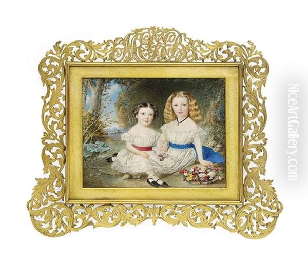 Double Portrait Of Two Daughters Of Richard Fellowes Benyon, Seated In A Woodland Landscape With A Basket Of Flowers, Both In White Dresses Oil Painting by William Egley