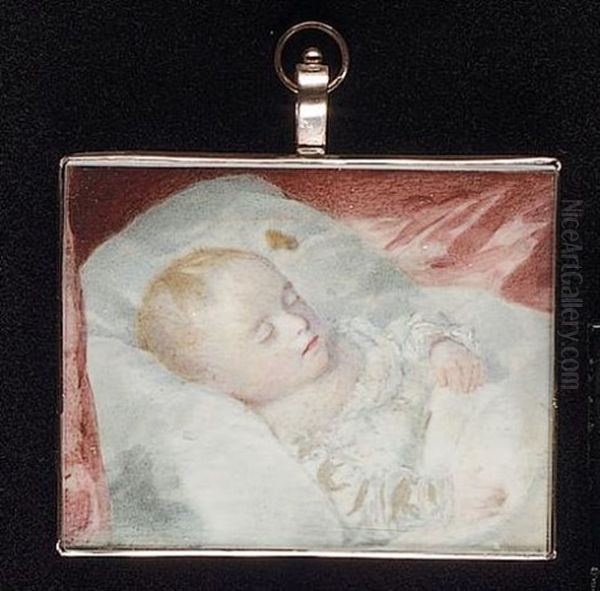 A Sleeping Child Wearing White Smock Oil Painting by William Egley