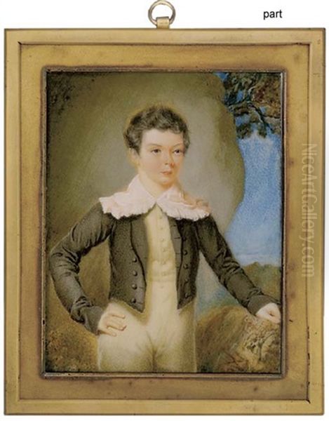 A Young Boy, In Ochre Breeches With Wide Frill Collar, Black Coat With Black Buttons, His Right Hand Resting On His Hip, And His Left Hand On A Rock (+ A Young Girl, In Peach Dress; 2 Works) Oil Painting by William Egley