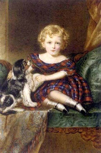 Horatio G. Murray Stewart As A Child Seated On A Green Upholstered Sofa On A Multi-coloured Cashmere Stole With His Tricolour Cavalier King Charles Spaniel, In Blue, Red And Green Tartan Dress Oil Painting by William Egley