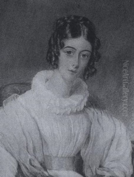 Selina Milner Wearing White Dress With Yellow Waistband, Ruff And Pale Blue Shawl Oil Painting by William Egley