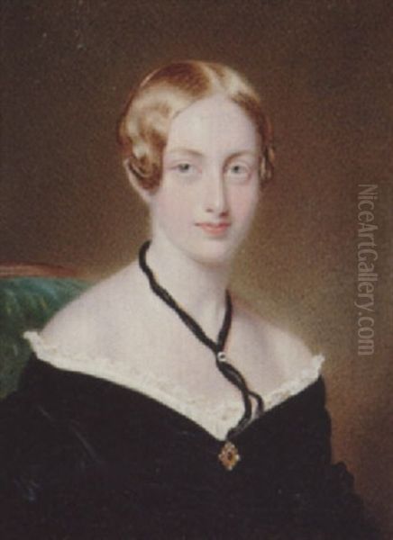 A Lady Wearing Decollete Black Dress With Frilled White Trim, Brooch At Her Corsage And Black Ribbon Necklace by William Egley