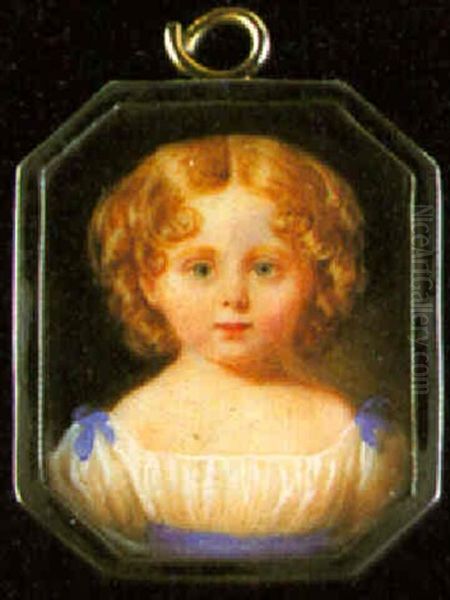 A Child Wearing A White Dress Trimmed With Blue Ribbons At The Shoulders And Decotated With Matching Sash Oil Painting by William Egley